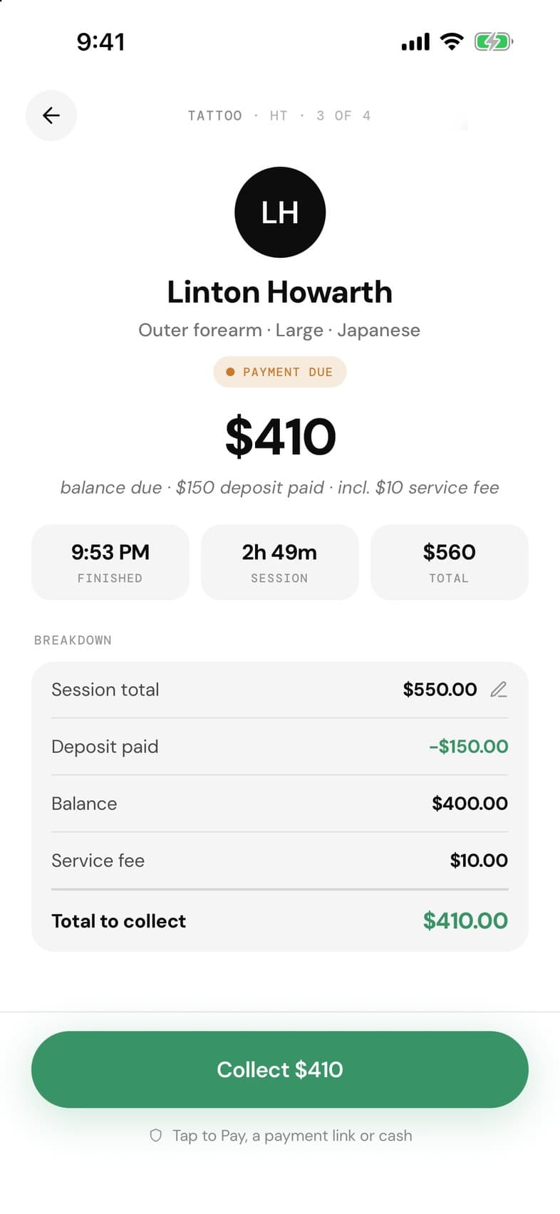 The booking after the session, A$410 due