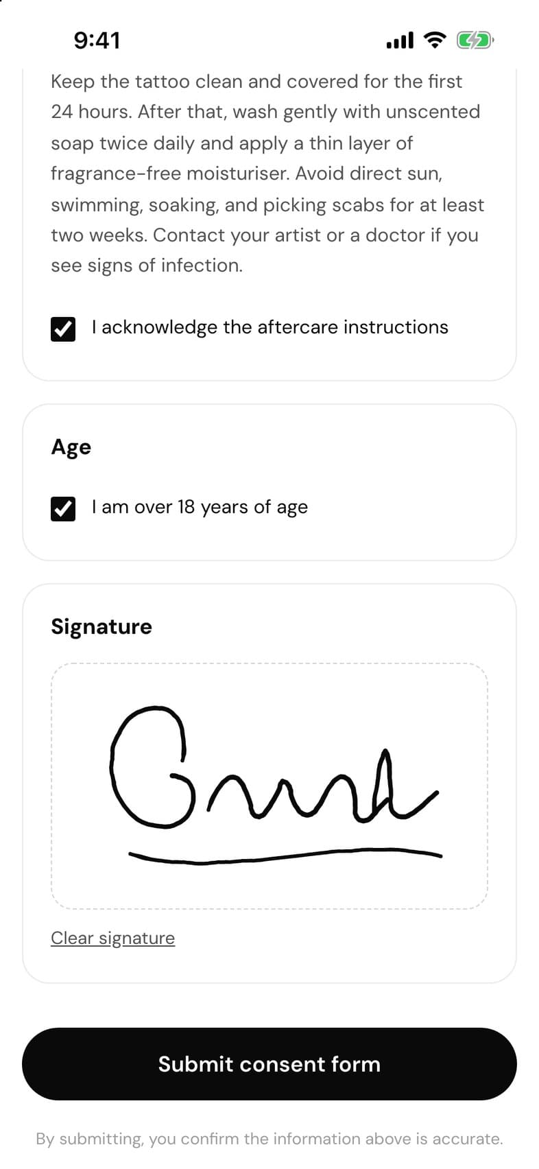 The consent form at the signature, signed