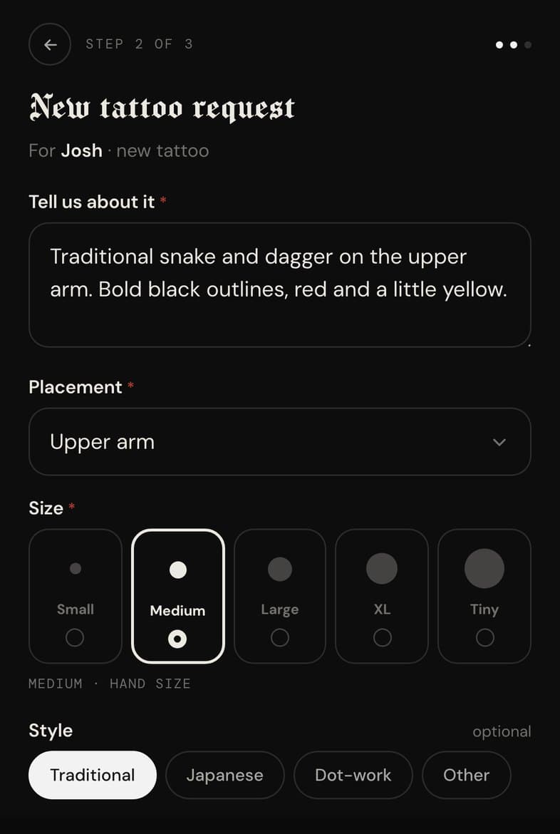 The tattoo request form, filled in: snake and dagger, upper arm, medium, traditional