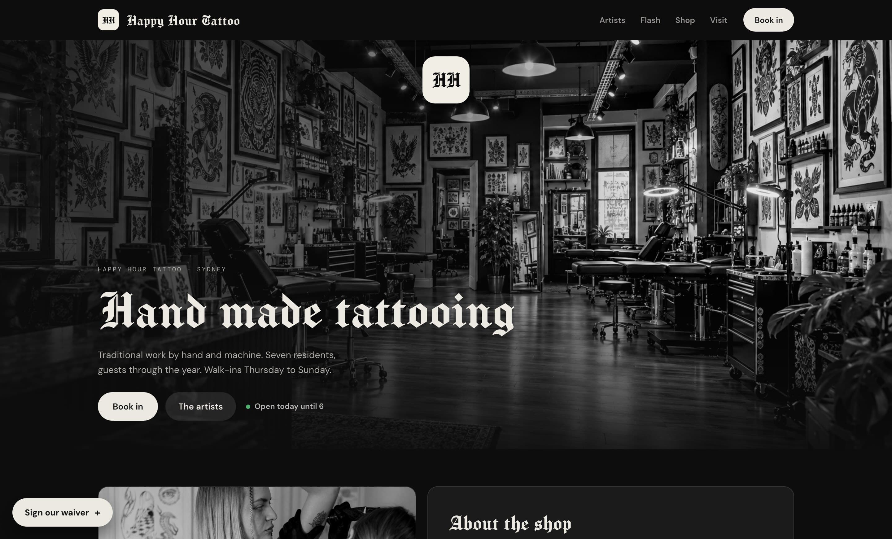 Happy Hour Tattoo's site: the statement over the room, About, the artists, the flash wall, the visit panel