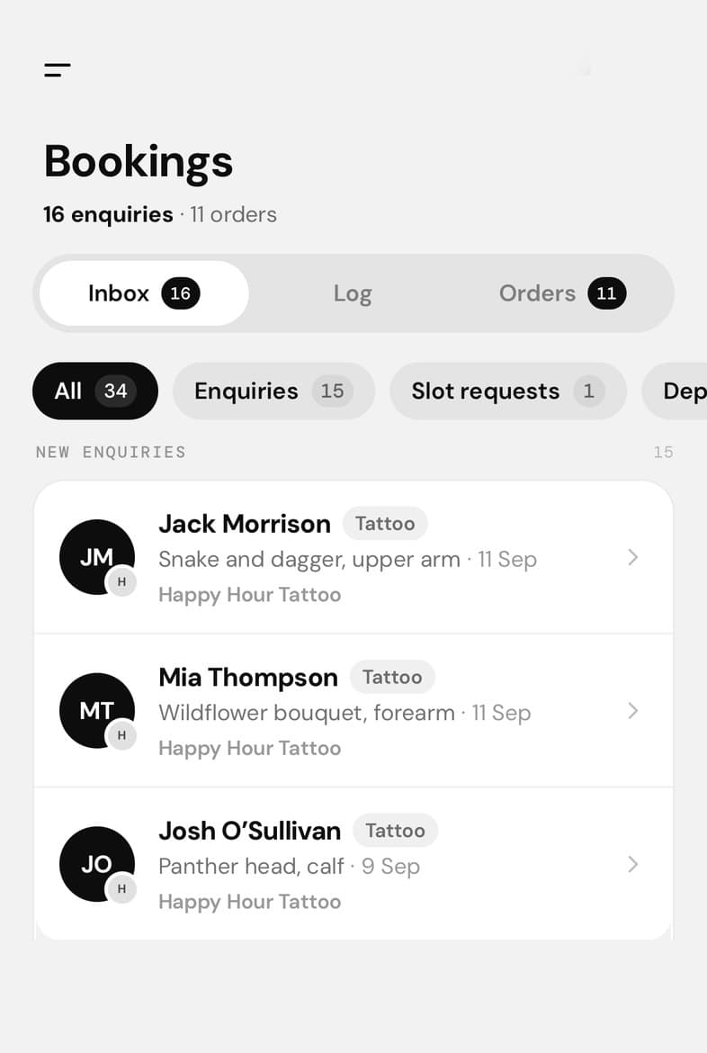 The Bookings inbox with the new enquiries
