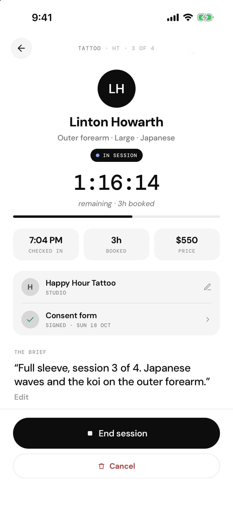 The in-session appointment screen, consent signed