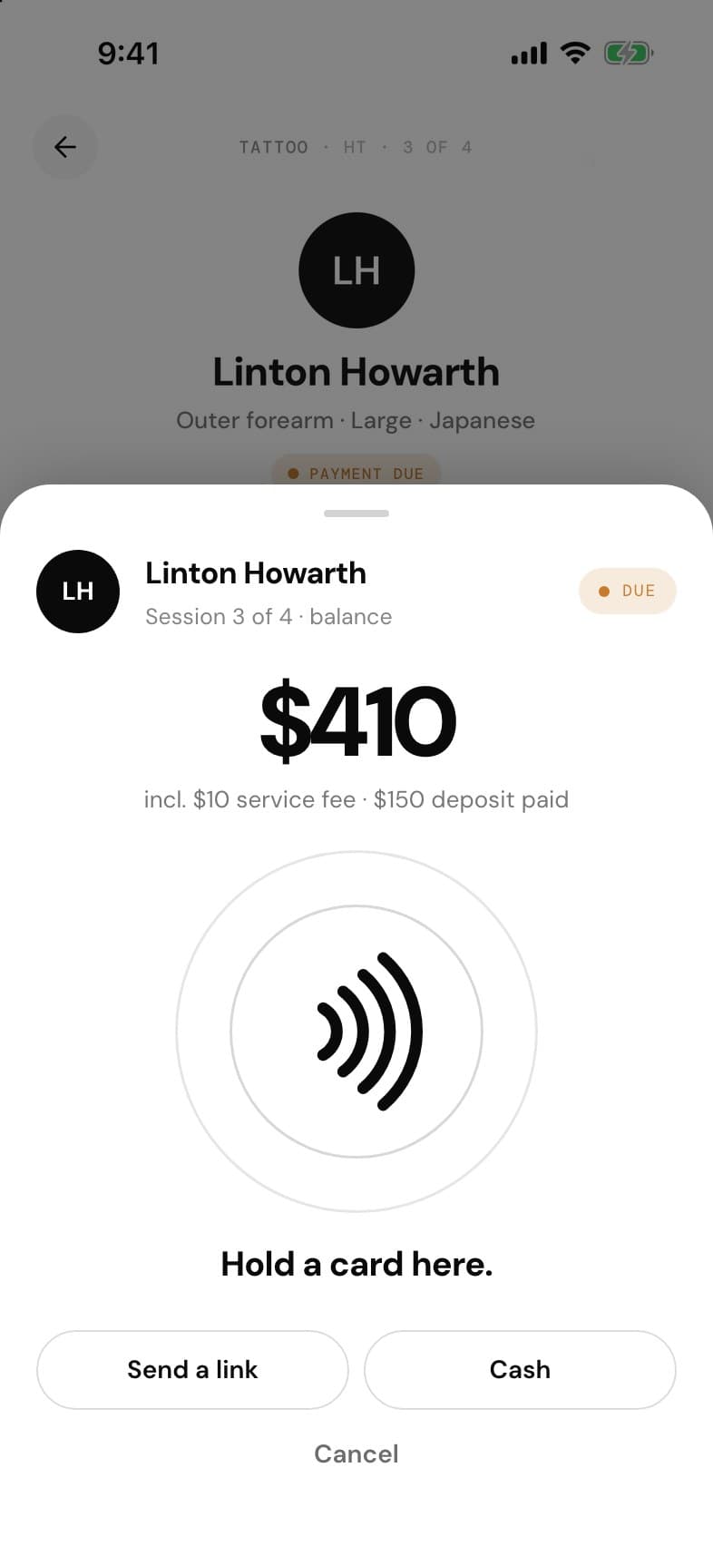Gauge's own tap moment: the amount, the contactless mark, hold a card here